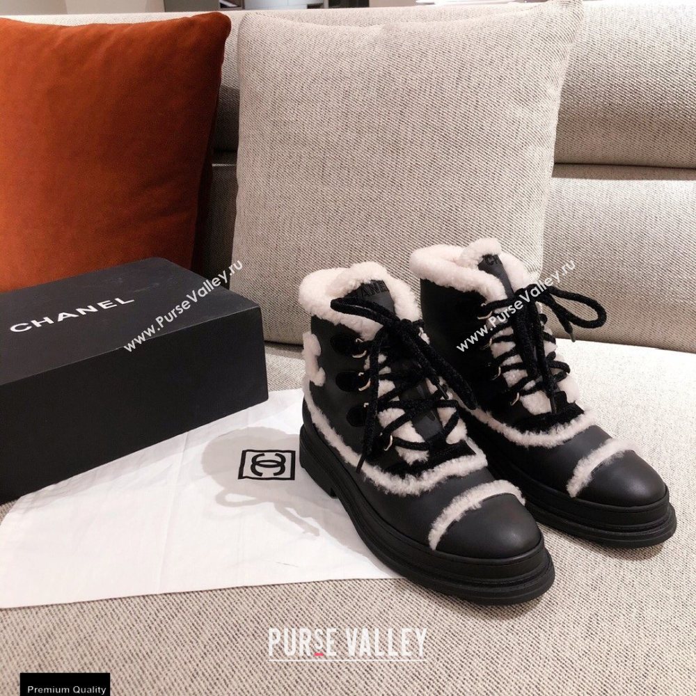 Chanel CC Logo Shearling Lace-up Ankle Boots Black KL33 2020 (kaola-20112333)
