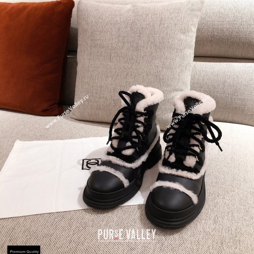 Chanel CC Logo Shearling Lace-up Ankle Boots Black KL33 2020 (kaola-20112333)