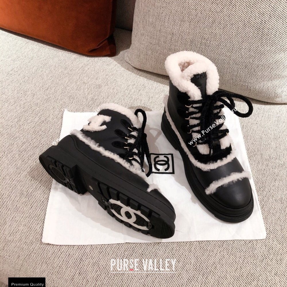 Chanel CC Logo Shearling Lace-up Ankle Boots Black KL33 2020 (kaola-20112333)