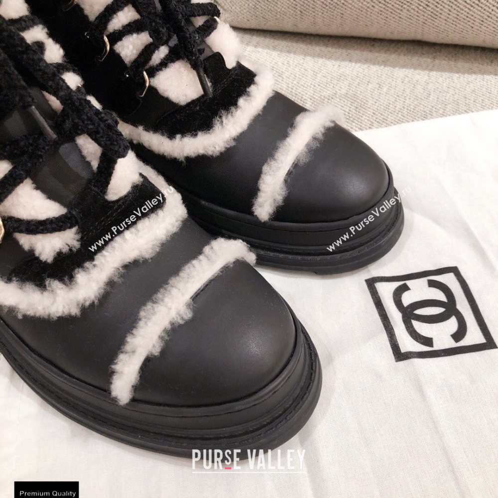Chanel CC Logo Shearling Lace-up Ankle Boots Black KL33 2020 (kaola-20112333)