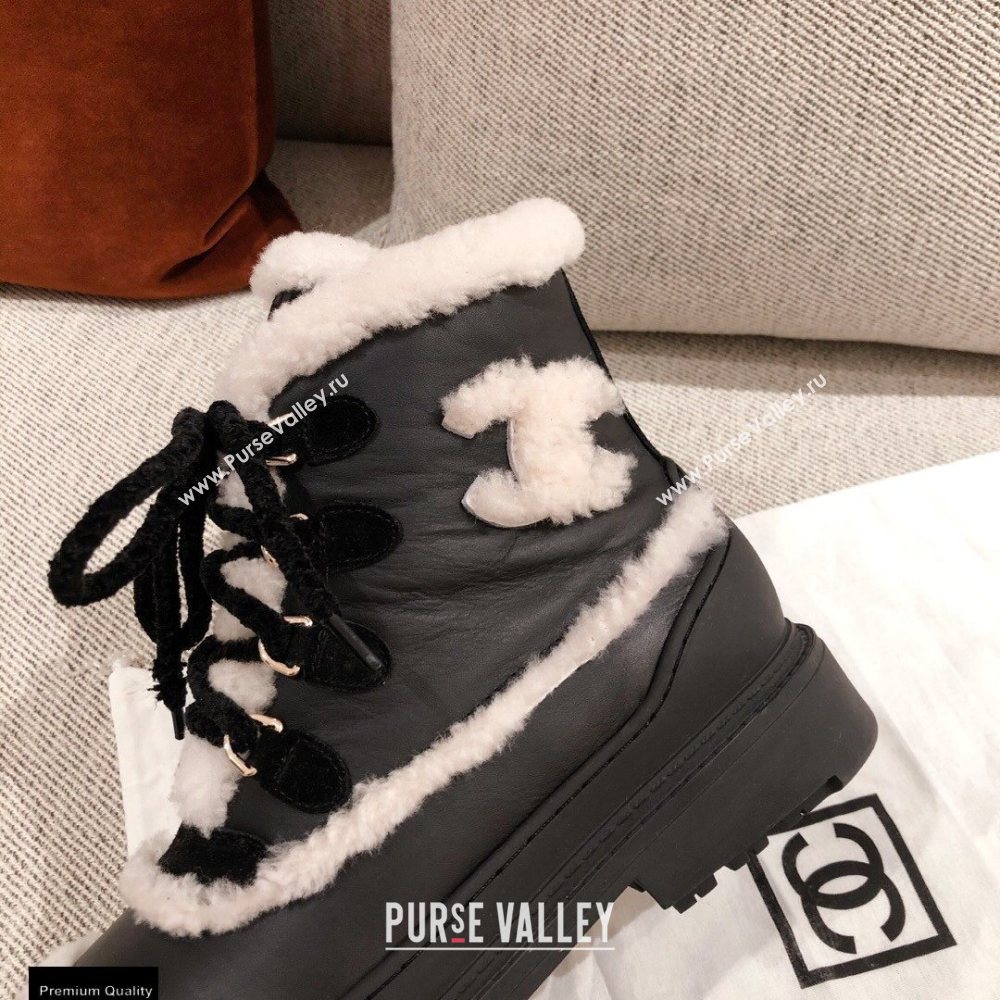 Chanel CC Logo Shearling Lace-up Ankle Boots Black KL33 2020 (kaola-20112333)