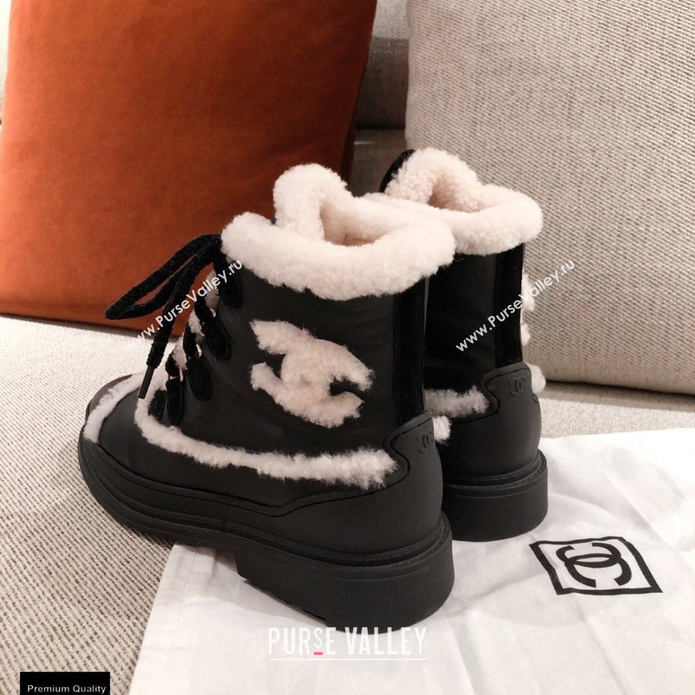 Chanel CC Logo Shearling Lace-up Ankle Boots Black KL33 2020 (kaola-20112333)