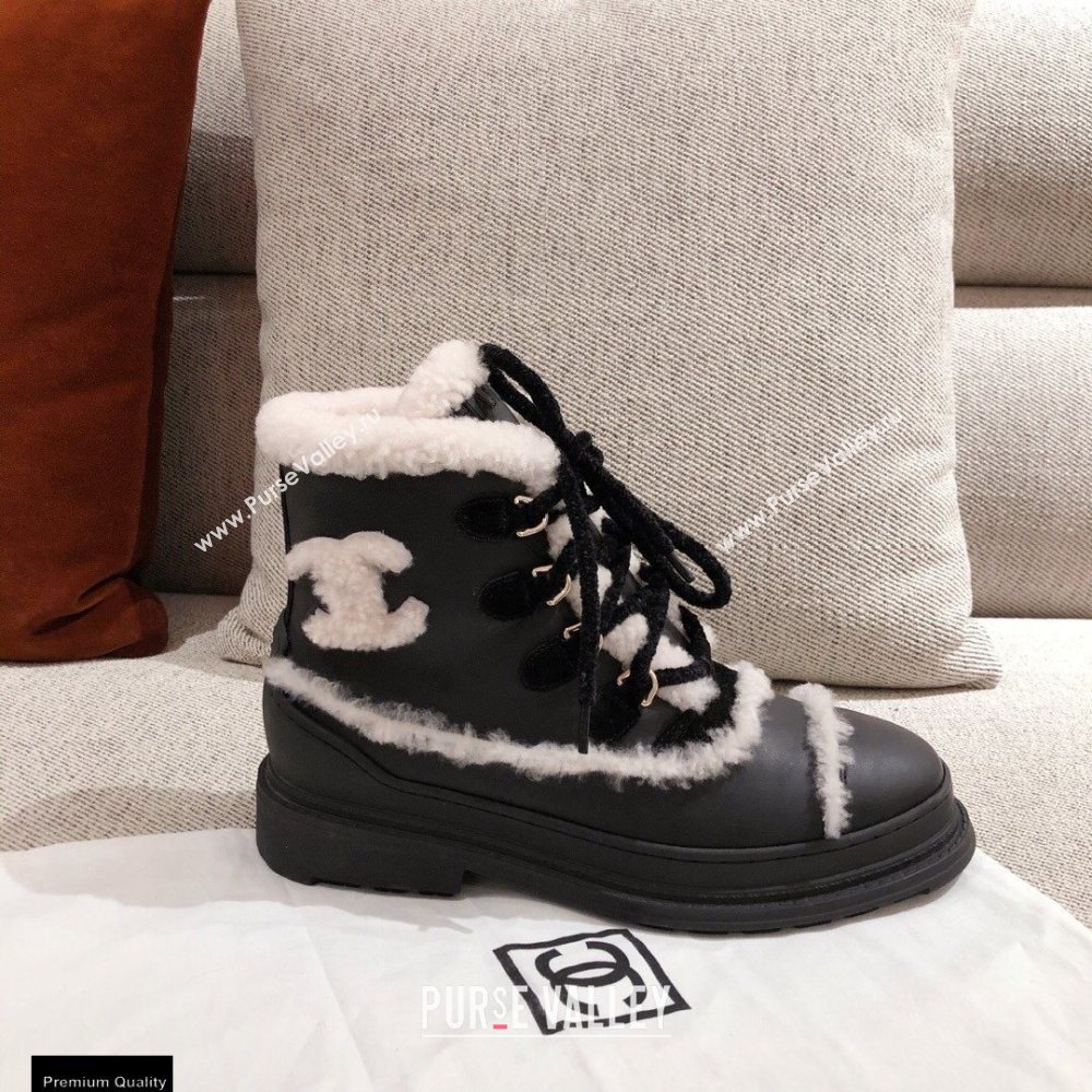 Chanel CC Logo Shearling Lace-up Ankle Boots Black KL33 2020 (kaola-20112333)
