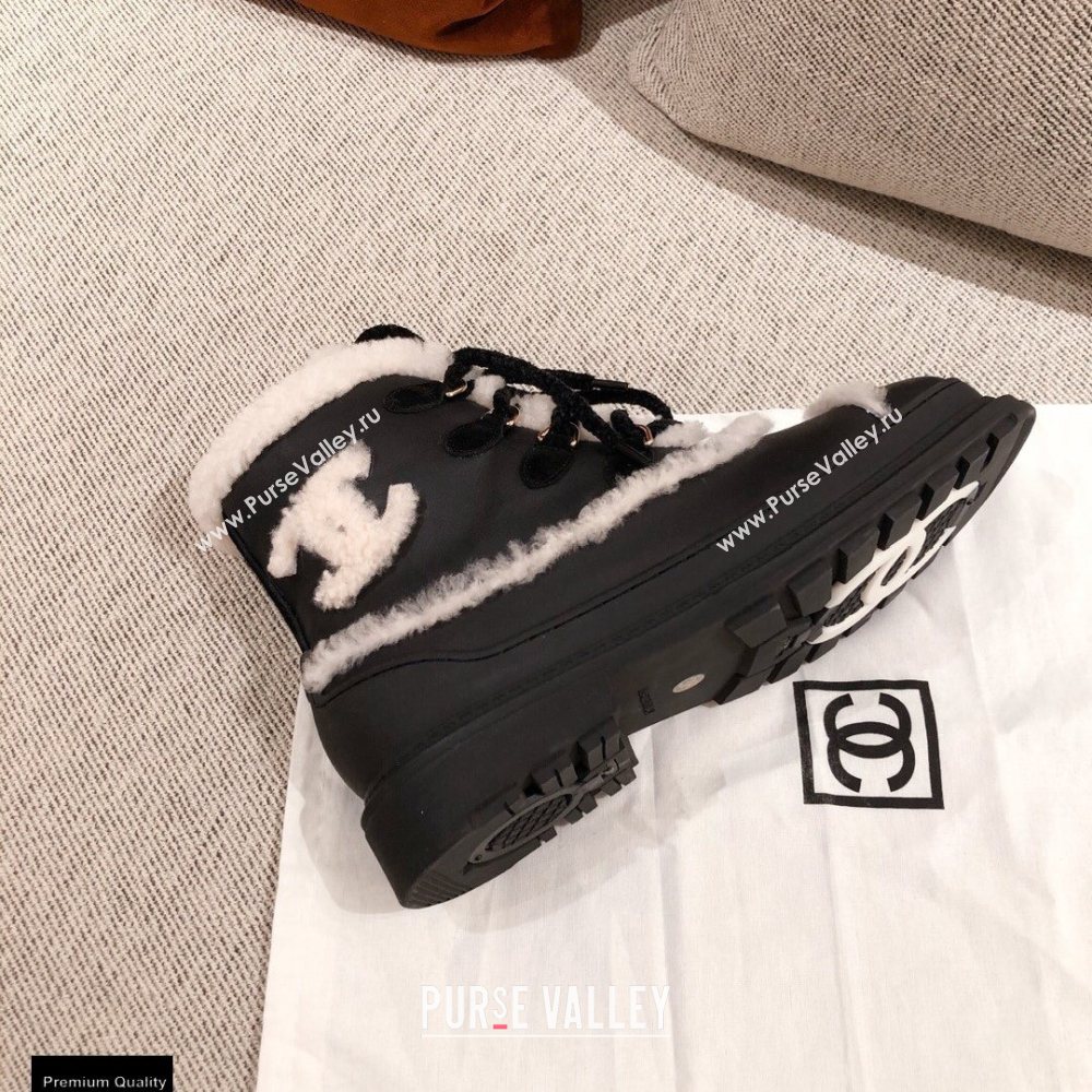 Chanel CC Logo Shearling Lace-up Ankle Boots Black KL33 2020 (kaola-20112333)