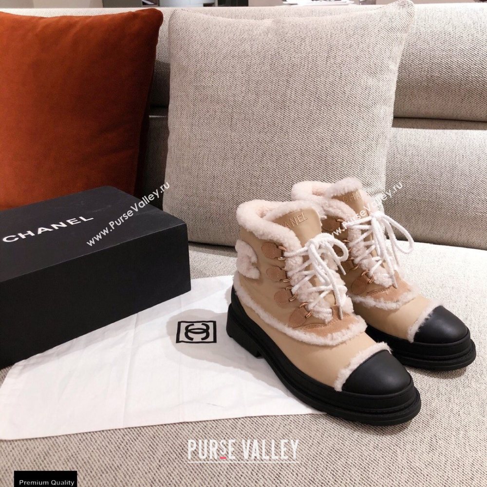 Chanel CC Logo Shearling Lace-up Ankle Boots Beige KL35 2020 (kaola-20112335)