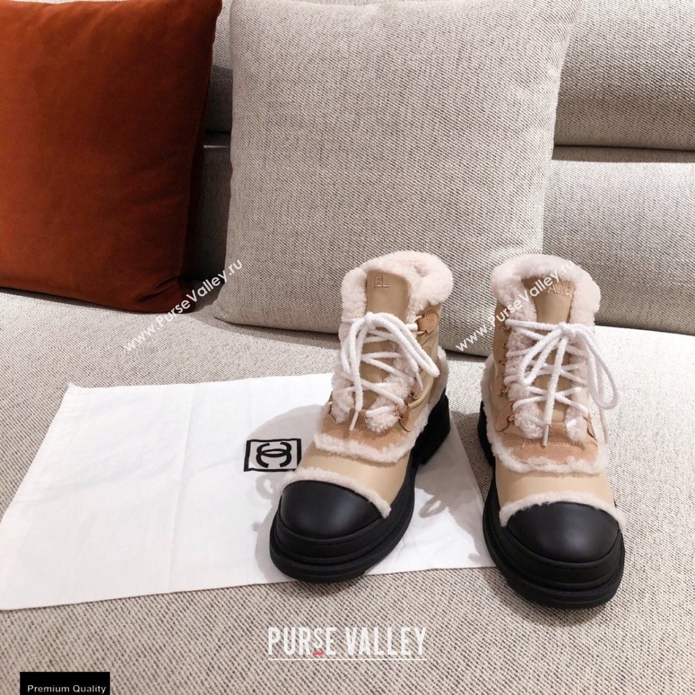 Chanel CC Logo Shearling Lace-up Ankle Boots Beige KL35 2020 (kaola-20112335)
