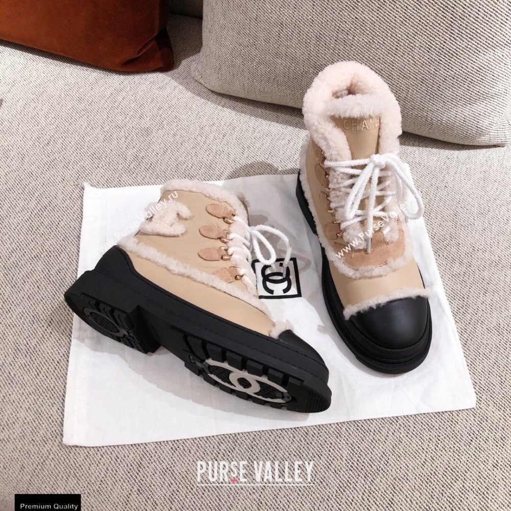 Chanel CC Logo Shearling Lace-up Ankle Boots Beige KL35 2020 (kaola-20112335)