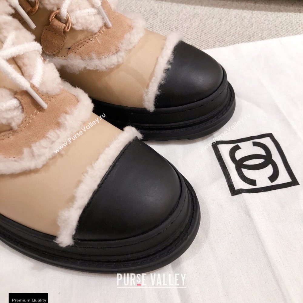 Chanel CC Logo Shearling Lace-up Ankle Boots Beige KL35 2020 (kaola-20112335)
