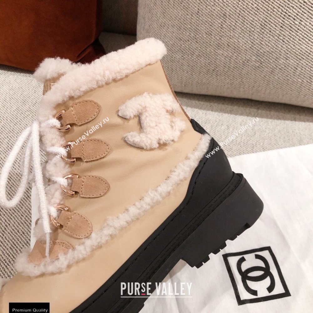 Chanel CC Logo Shearling Lace-up Ankle Boots Beige KL35 2020 (kaola-20112335)