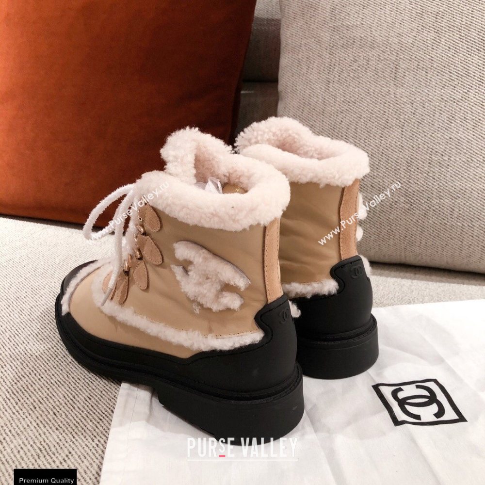 Chanel CC Logo Shearling Lace-up Ankle Boots Beige KL35 2020 (kaola-20112335)