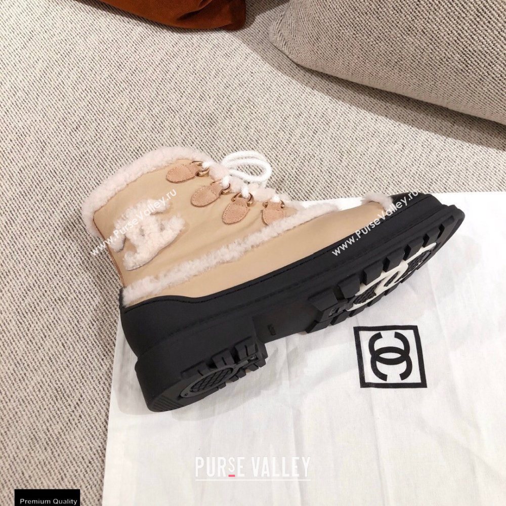 Chanel CC Logo Shearling Lace-up Ankle Boots Beige KL35 2020 (kaola-20112335)