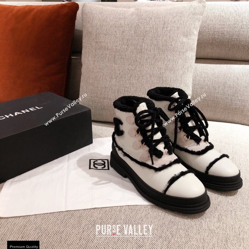 Chanel CC Logo Shearling Lace-up Ankle Boots White KL34 2020 (kaola-20112334)