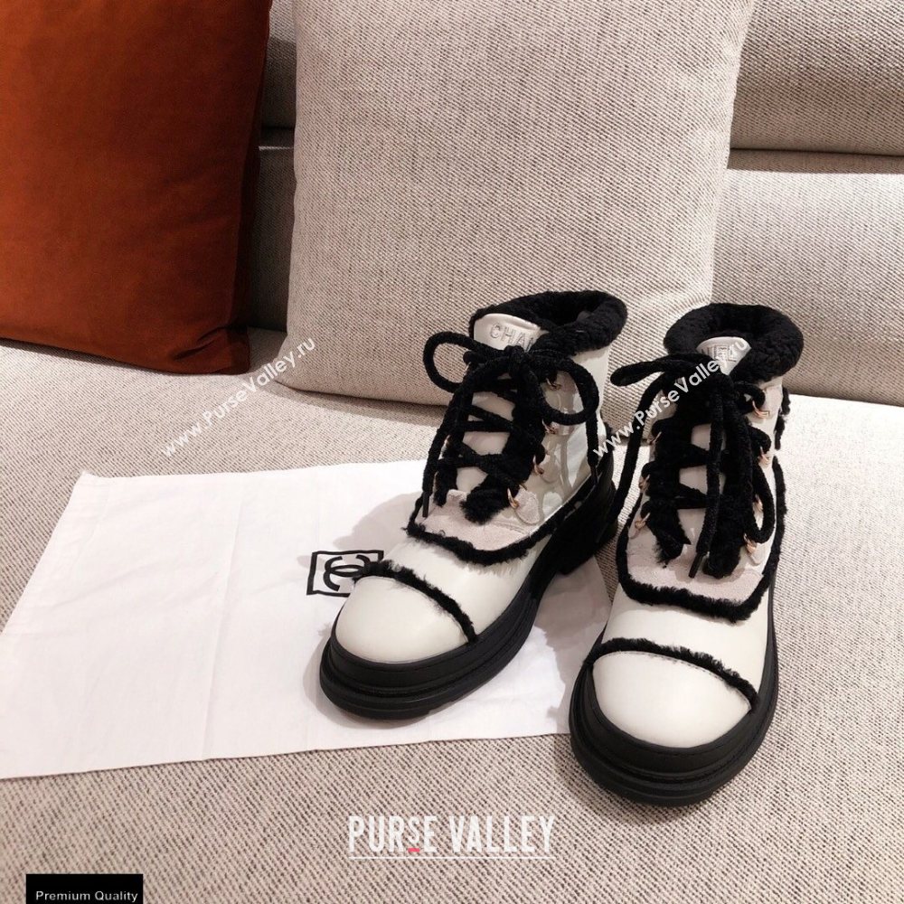 Chanel CC Logo Shearling Lace-up Ankle Boots White KL34 2020 (kaola-20112334)