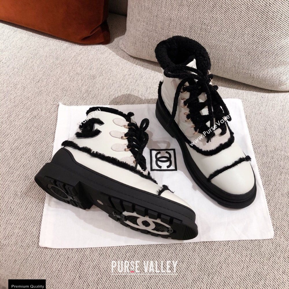 Chanel CC Logo Shearling Lace-up Ankle Boots White KL34 2020 (kaola-20112334)