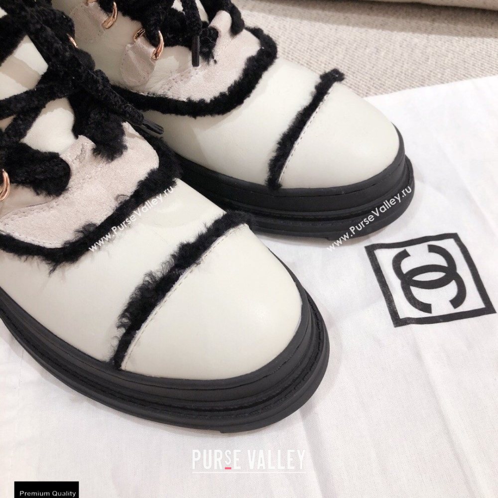 Chanel CC Logo Shearling Lace-up Ankle Boots White KL34 2020 (kaola-20112334)