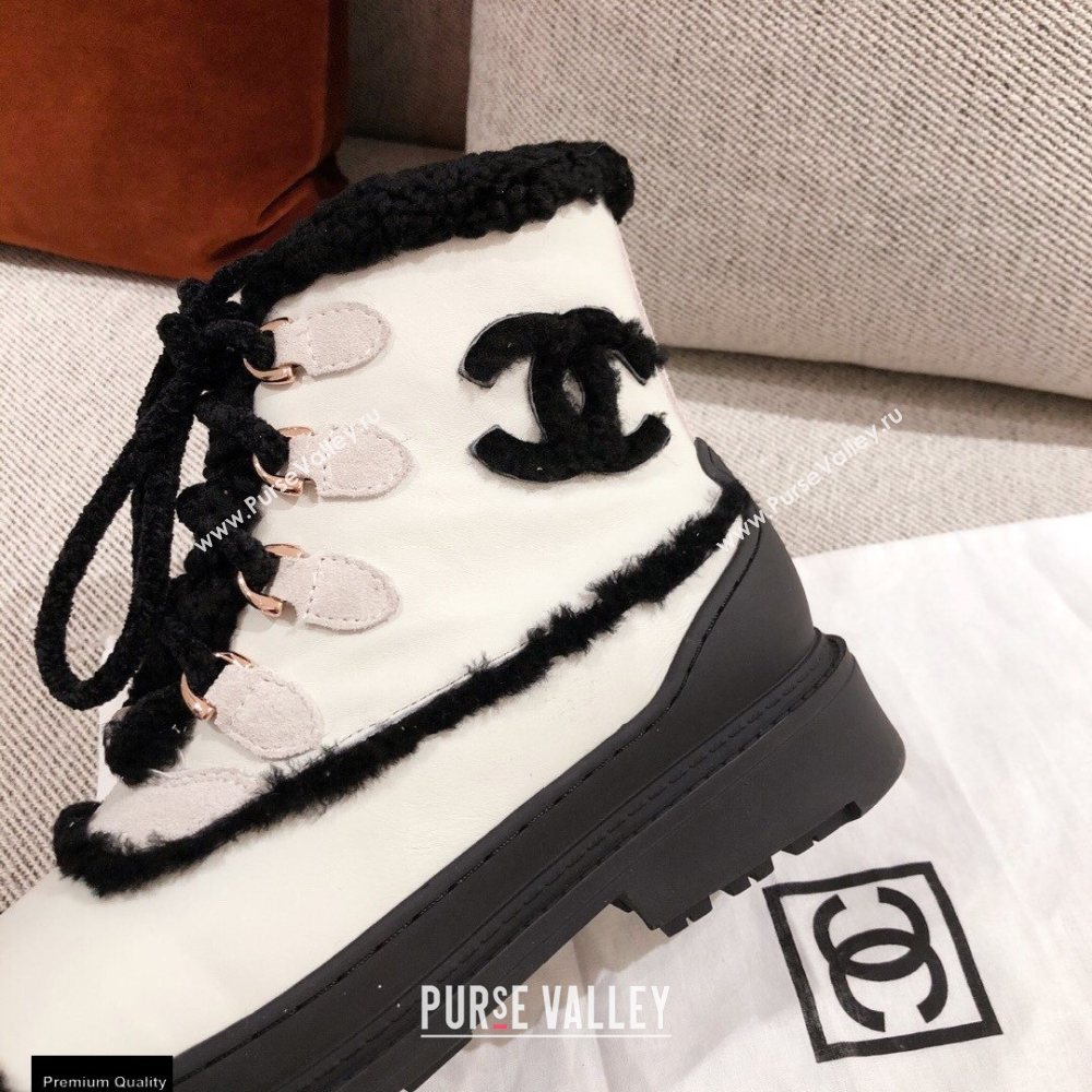 Chanel CC Logo Shearling Lace-up Ankle Boots White KL34 2020 (kaola-20112334)