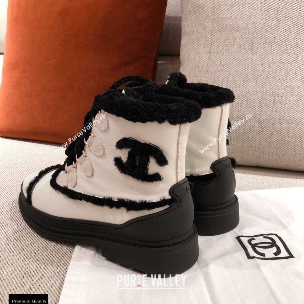 Chanel CC Logo Shearling Lace-up Ankle Boots White KL34 2020 (kaola-20112334)
