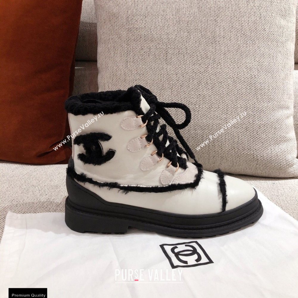 Chanel CC Logo Shearling Lace-up Ankle Boots White KL34 2020 (kaola-20112334)