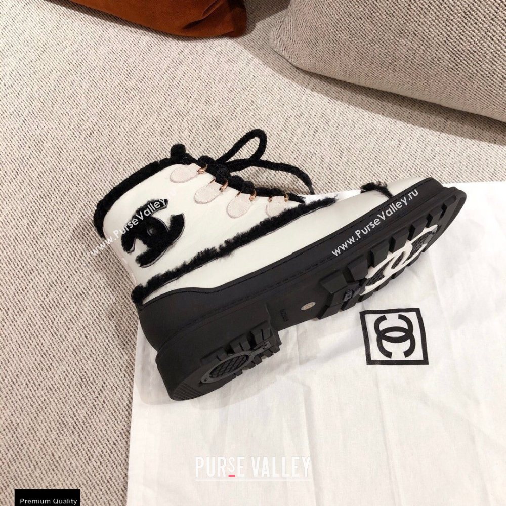 Chanel CC Logo Shearling Lace-up Ankle Boots White KL34 2020 (kaola-20112334)