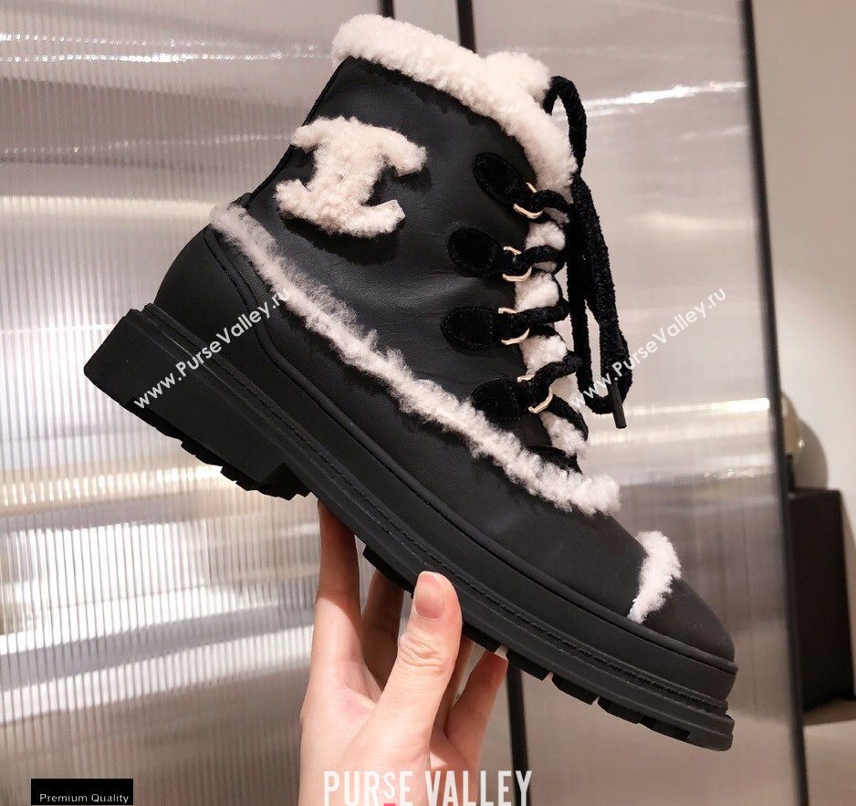 Chanel CC Logo Shearling Lace-up Ankle Boots Black KL33 2020 (kaola-20112333)