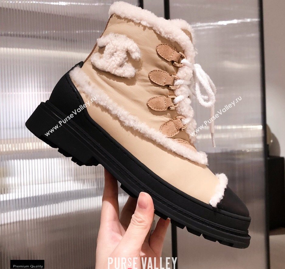 Chanel CC Logo Shearling Lace-up Ankle Boots Beige KL35 2020 (kaola-20112335)