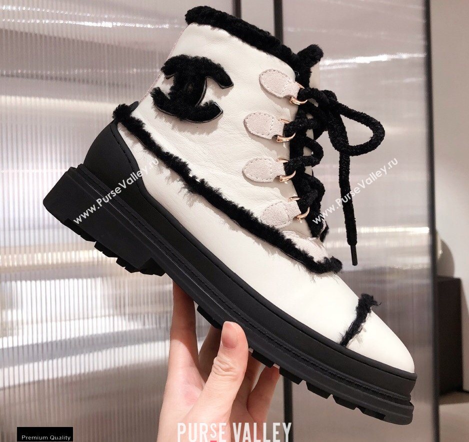 Chanel CC Logo Shearling Lace-up Ankle Boots White KL34 2020 (kaola-20112334)