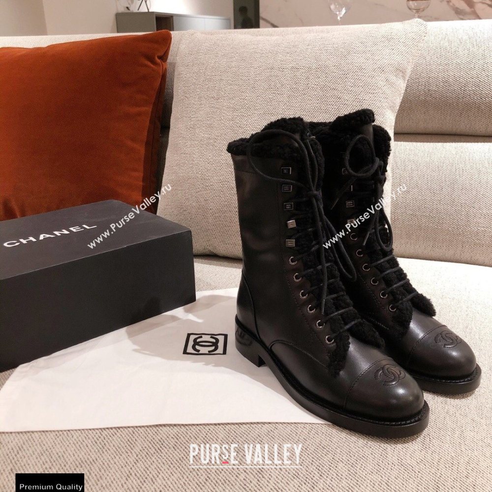 Chanel Leather Shearling Lace-up Ankle Boots Black KL22 2020 (kaola-20112322)