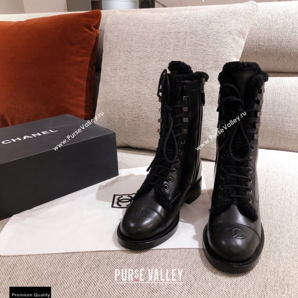 Chanel Leather Shearling Lace-up Ankle Boots Black KL22 2020 (kaola-20112322)