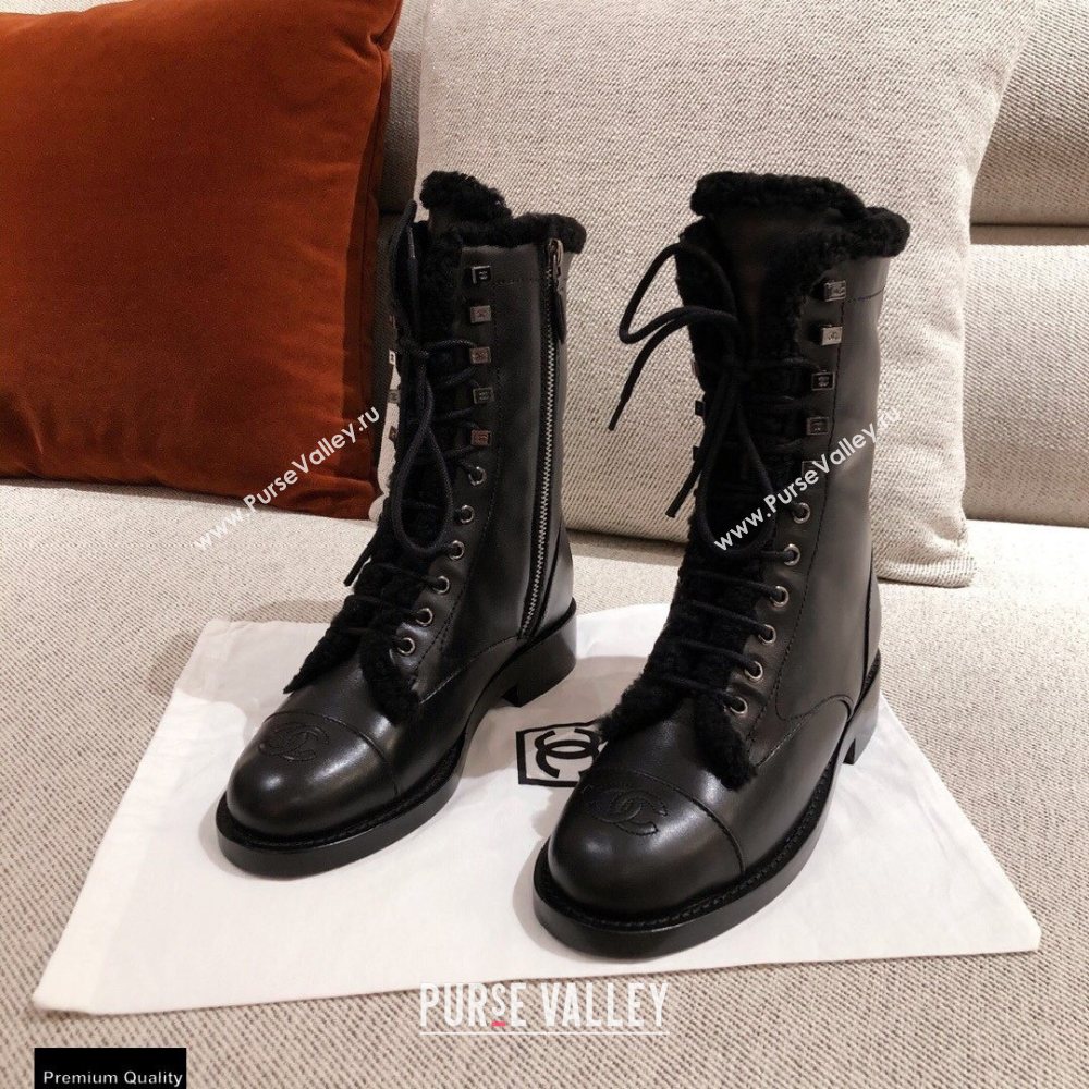 Chanel Leather Shearling Lace-up Ankle Boots Black KL22 2020 (kaola-20112322)