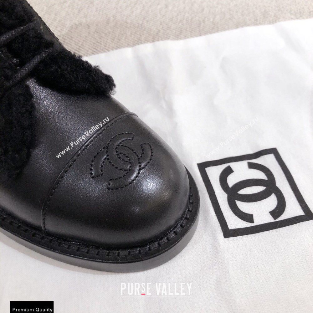 Chanel Leather Shearling Lace-up Ankle Boots Black KL22 2020 (kaola-20112322)