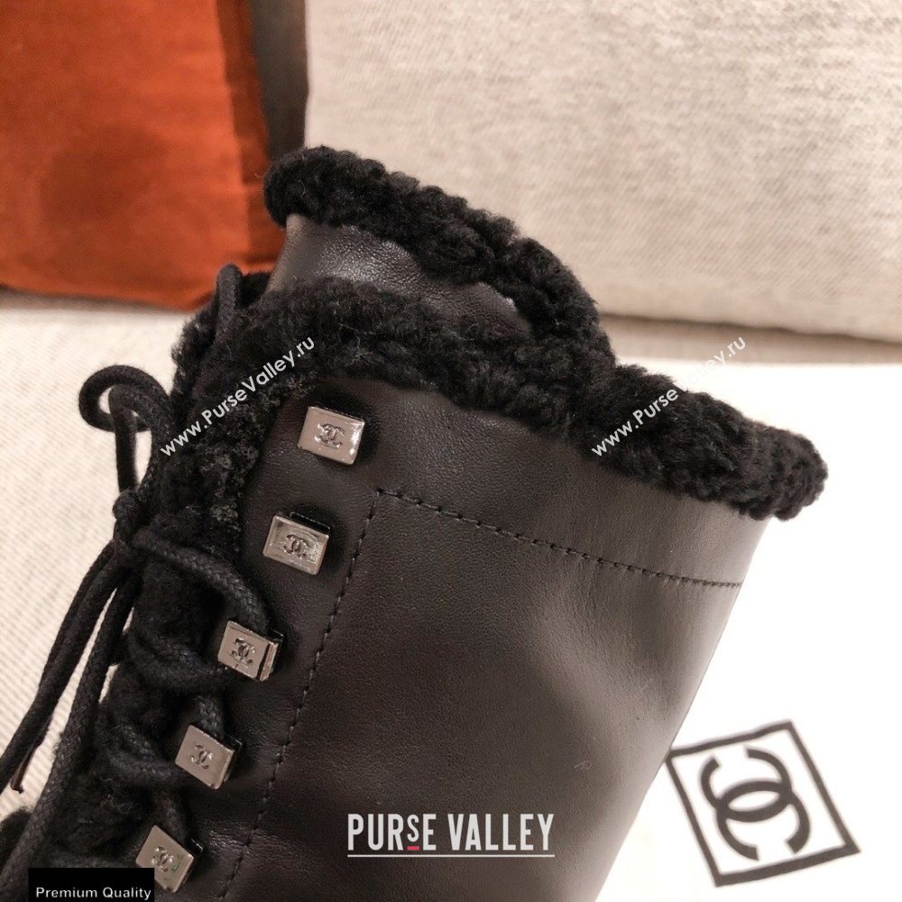 Chanel Leather Shearling Lace-up Ankle Boots Black KL22 2020 (kaola-20112322)