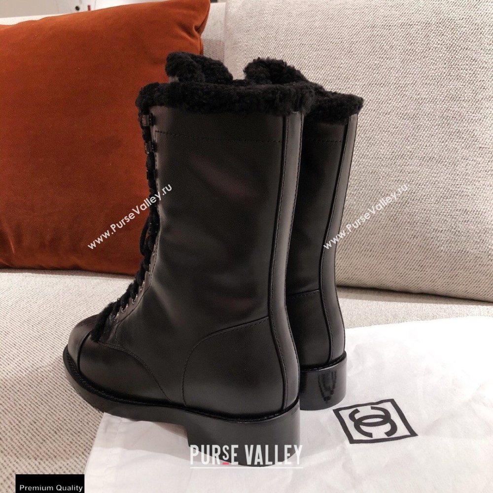 Chanel Leather Shearling Lace-up Ankle Boots Black KL22 2020 (kaola-20112322)