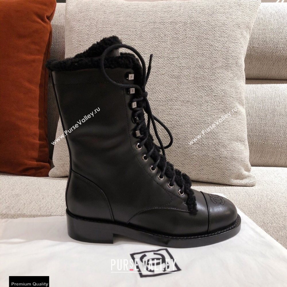 Chanel Leather Shearling Lace-up Ankle Boots Black KL22 2020 (kaola-20112322)