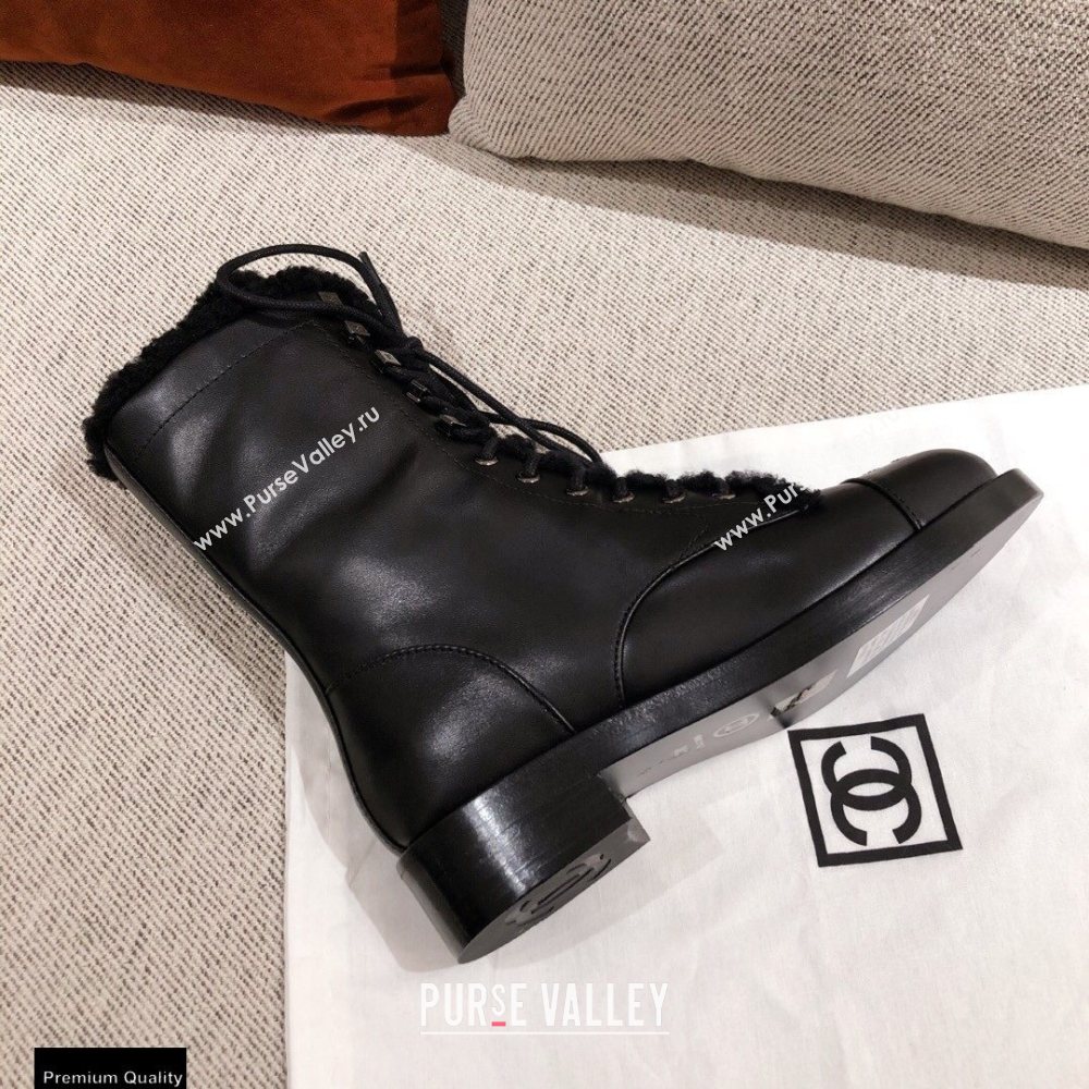 Chanel Leather Shearling Lace-up Ankle Boots Black KL22 2020 (kaola-20112322)