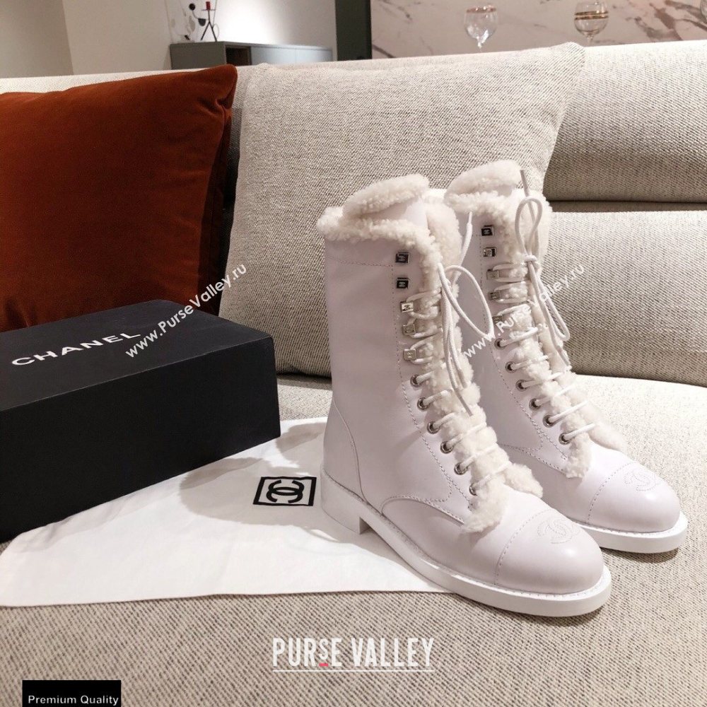 Chanel Leather Shearling Lace-up Ankle Boots White KL23 2020 (kaola-20112323)