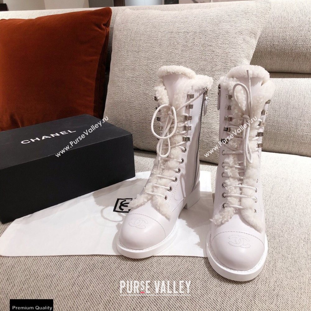 Chanel Leather Shearling Lace-up Ankle Boots White KL23 2020 (kaola-20112323)