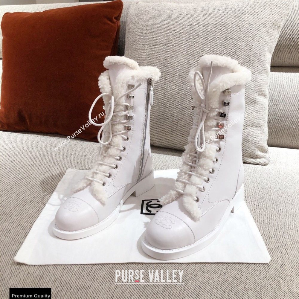 Chanel Leather Shearling Lace-up Ankle Boots White KL23 2020 (kaola-20112323)