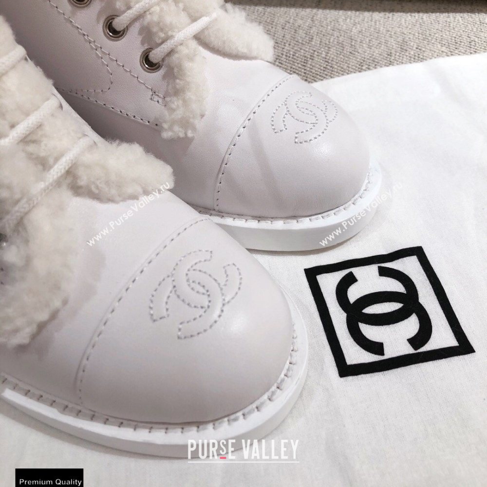 Chanel Leather Shearling Lace-up Ankle Boots White KL23 2020 (kaola-20112323)