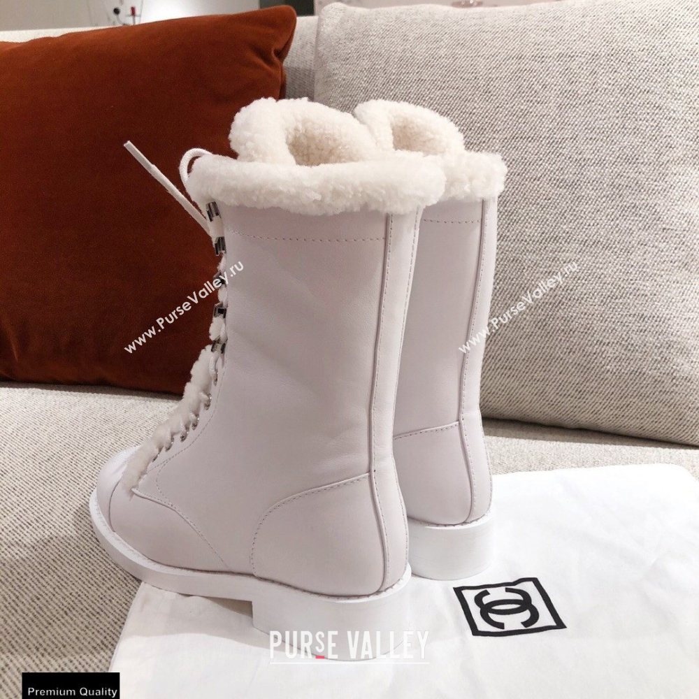 Chanel Leather Shearling Lace-up Ankle Boots White KL23 2020 (kaola-20112323)