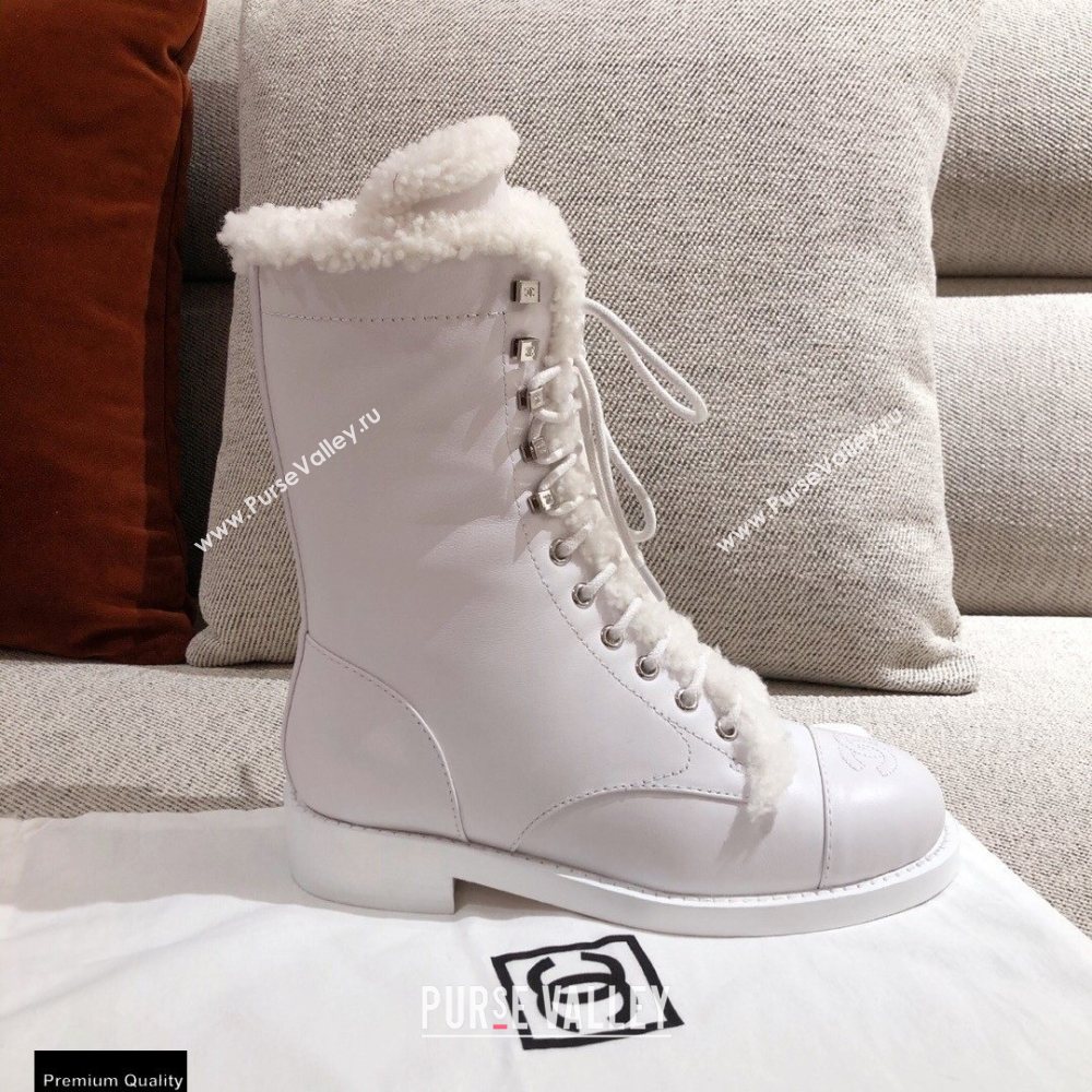 Chanel Leather Shearling Lace-up Ankle Boots White KL23 2020 (kaola-20112323)