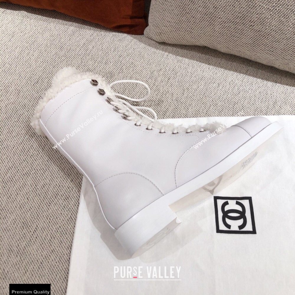 Chanel Leather Shearling Lace-up Ankle Boots White KL23 2020 (kaola-20112323)
