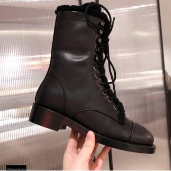 Chanel Leather Shearling Lace-up Ankle Boots Black KL22 2020 (kaola-20112322)