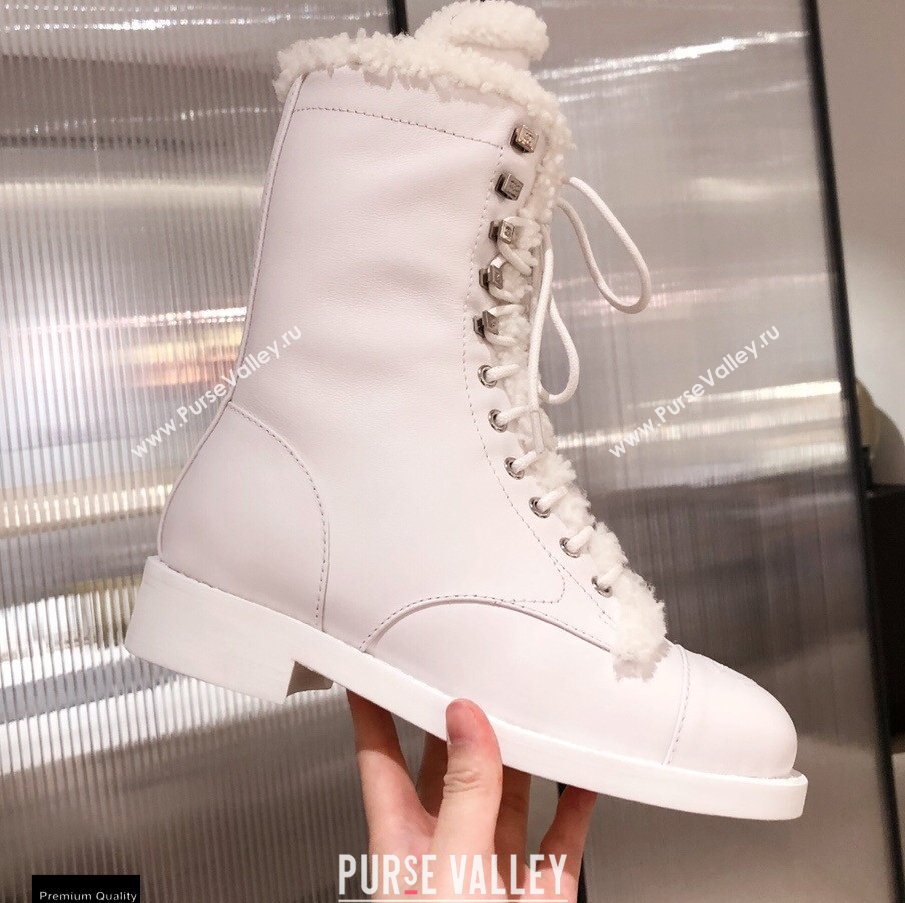 Chanel Leather Shearling Lace-up Ankle Boots White KL23 2020 (kaola-20112323)