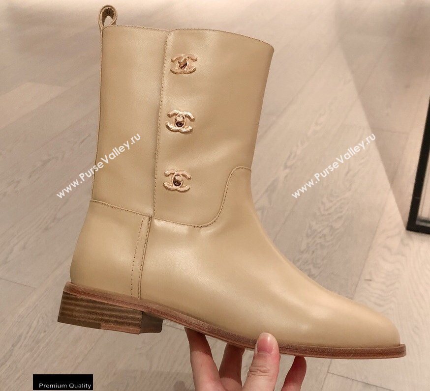 Chanel Leather Ankle Boots CC Logo Beige KL05 2020 (kaola-20112305)