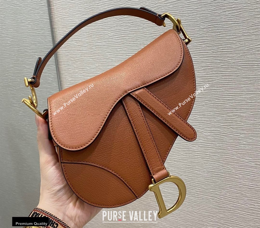 Dior Mini Saddle Bag in Grained Calfskin Dark Tan 2020 (vivi-20112513)