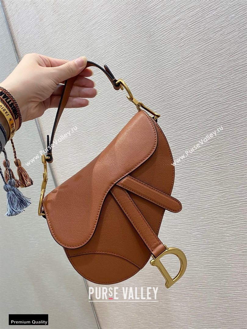 Dior Mini Saddle Bag in Grained Calfskin Dark Tan 2020 (vivi-20112513)