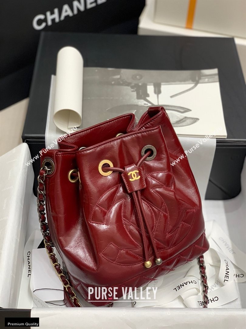 Chanel Shiny Aged Calfskin Drawstring Bucket Bag AS1877 Burgundy 2020 (jiyuan-20112629)