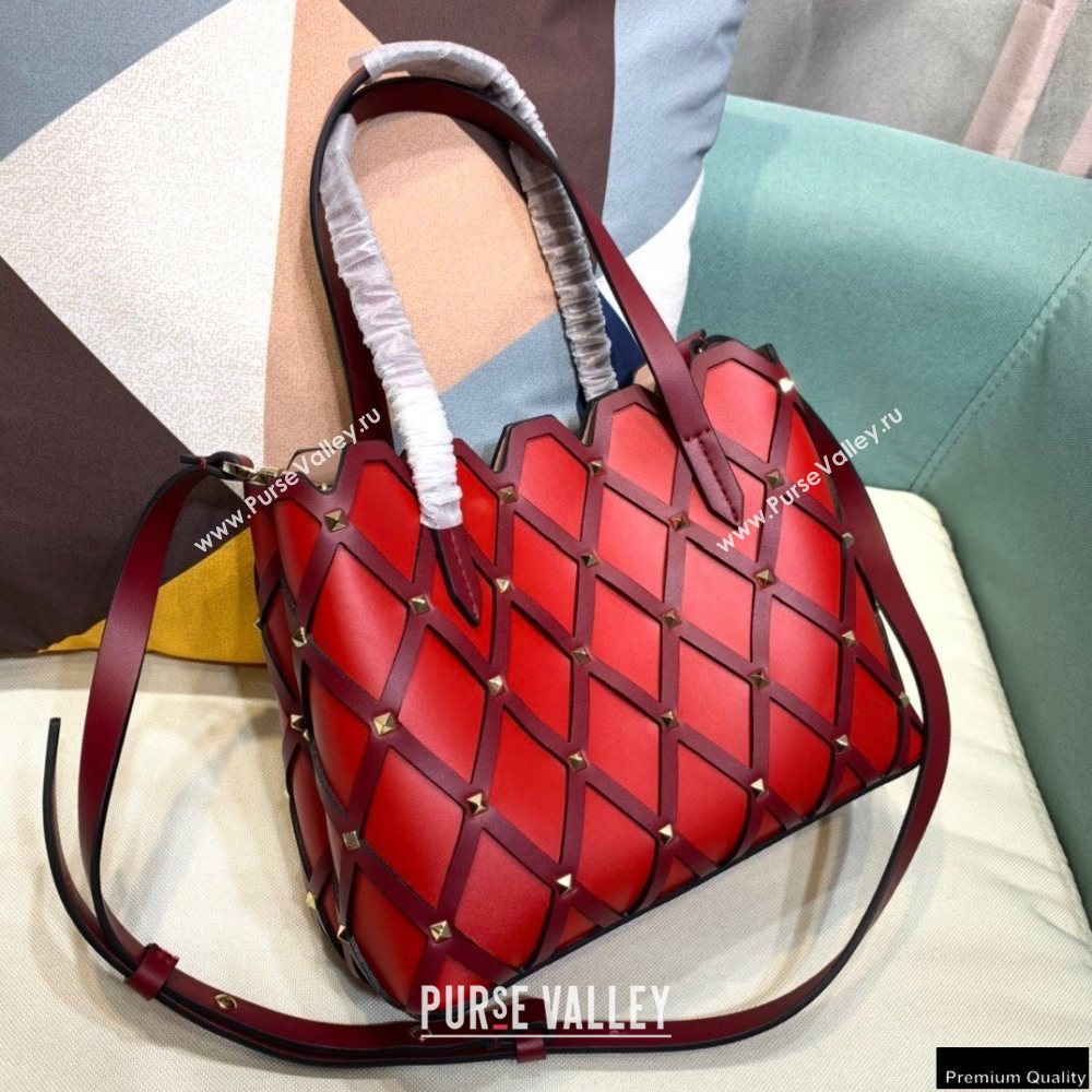 Valentino Small Beehive Rhombus Quilted Calfskin Tote Bag Red 2020 (xinyidai-20120710)