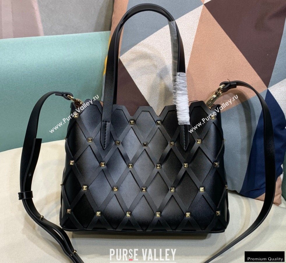 Valentino Small Beehive Rhombus Quilted Calfskin Tote Bag Black 2020 (xinyidai-20120707)