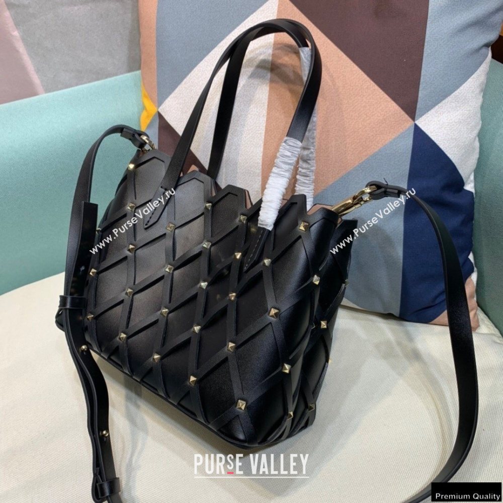 Valentino Small Beehive Rhombus Quilted Calfskin Tote Bag Black 2020 (xinyidai-20120707)